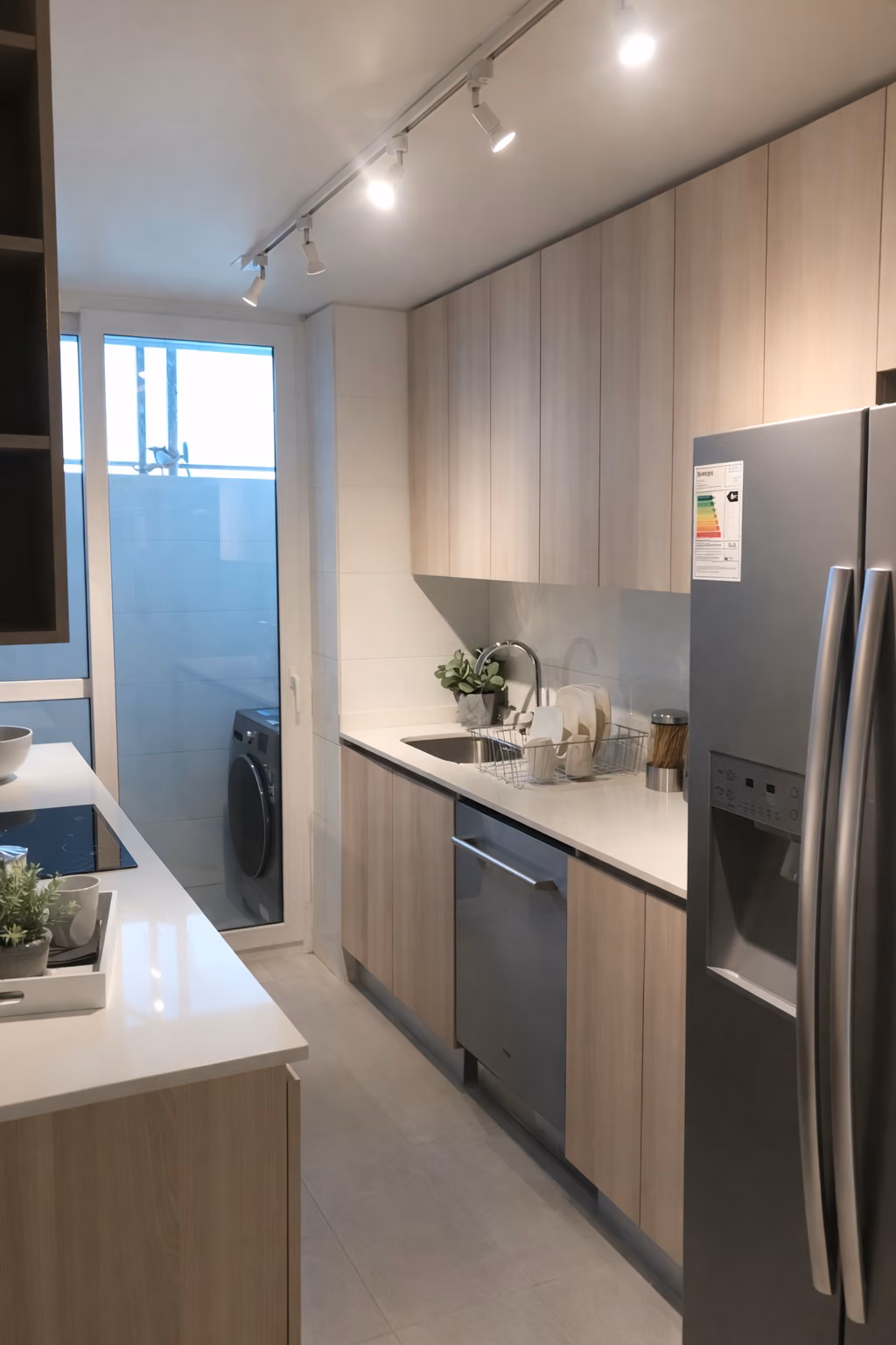 Cocina con refrigerador integrado entre muebles de madera oscura